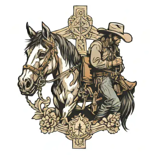cowboy with his horse praying at the cross tattoo design idea