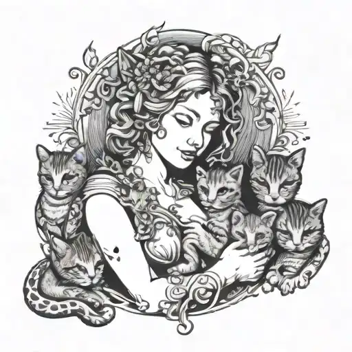 An intricate tattoo of a mother figure surrounded by children, symbolizing the client's role as an educator and mother, with subtle cat motifs integrated into the design tattoo design idea