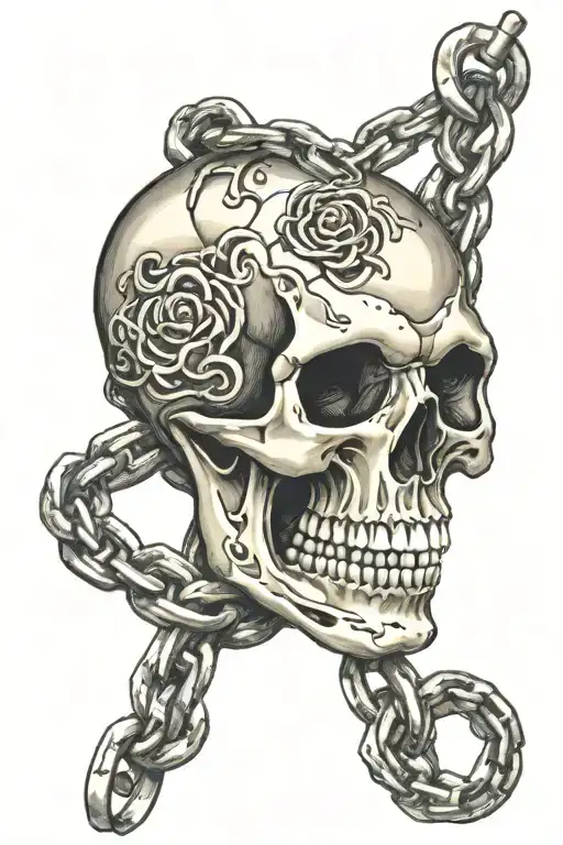 skull biting through chain links tattoo design idea