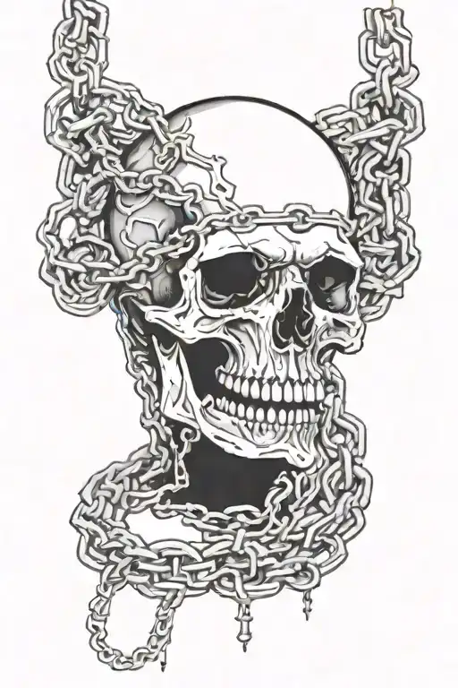 skull biting through chain tattoo design idea
