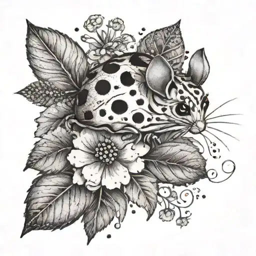 A delicate floral design with hidden ladybirds and hemlock leaves, with a tiny mouse peeking out tattoo design idea