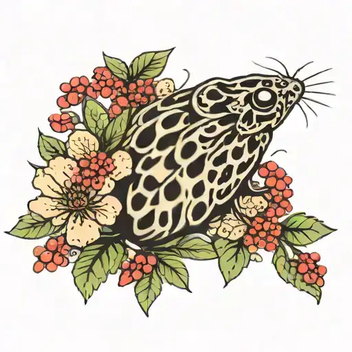 A delicate floral design with hidden ladybirds and hemlock leaves, with a tiny mouse peeking out tattoo design idea