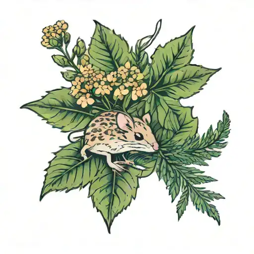 A delicate flower design with hemlock leaves, flowers, with a tiny mouse peeking out tattoo design idea