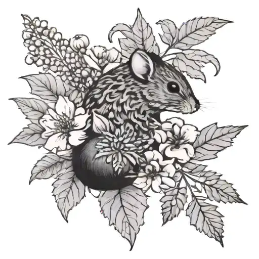 A delicate flower design with hemlock leaves, flowers, with a tiny mouse peeking out tattoo design idea
