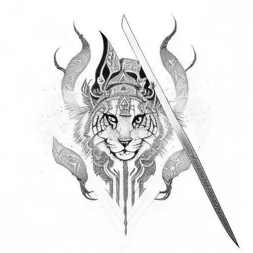 Experience the vibrant energy of Yansã with a traditional old school tattoo, featuring a fierce sword surrounded by elec tattoo design idea