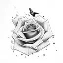 whole arm tattoo with clouds background, a rose, a pigeon, a cross and a little Text (3 rows on the forearm) tattoo design idea