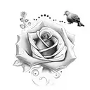 whole arm tattoo with clouds background, a rose, a pigeon, a cross and a little Text (3 rows on the forearm) tattoo design idea