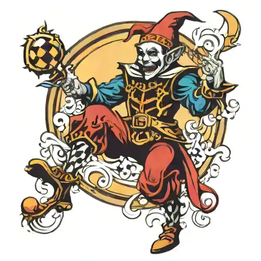 jester marching in front of a rising half sun  tattoo design idea