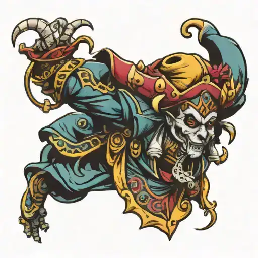 jester marching in front of a fising half sun  tattoo design idea