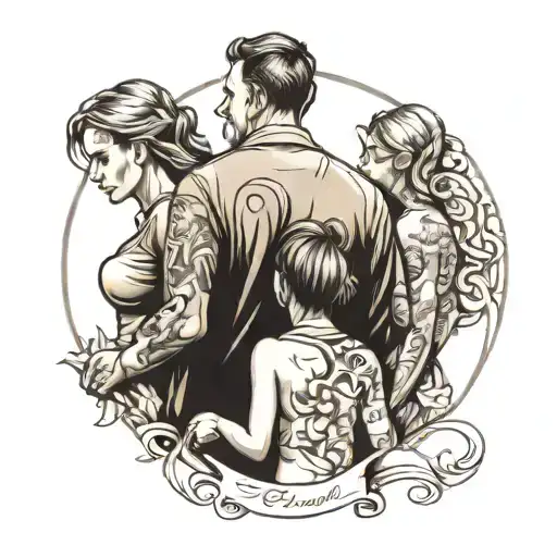 tattoo sketch family dad mom eldest daughter and youngest son, with their backs to the dawn along the contour of a compl tattoo design idea