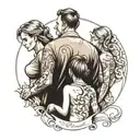 tattoo sketch family dad mom eldest daughter and youngest son, with their backs to the dawn along the contour of a compl tattoo design idea