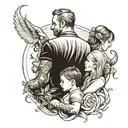 tattoo sketch family dad mom eldest daughter and youngest son, with their backs to the dawn along the contour of a compl tattoo design idea