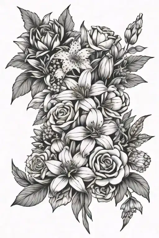 bouquet of sakura, daisy, lily, rose, and aster flower tattoo design idea
