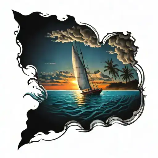 A detailed underwater scene with a sailboat sailing on the ocean during a vibrant sunset tattoo design idea
