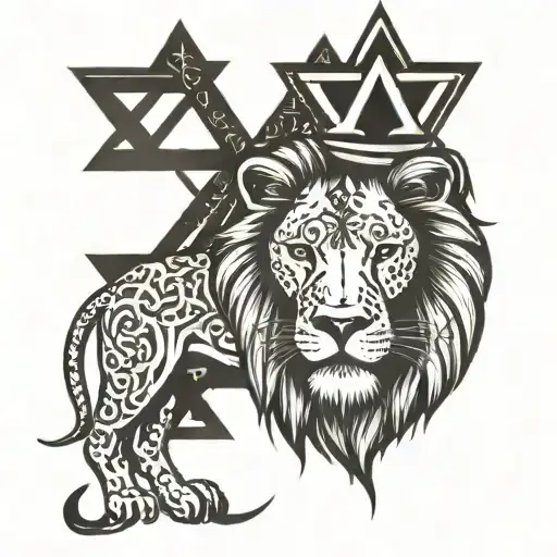 LIon of Judah with 6 pointed star of david and the cross  tattoo design idea