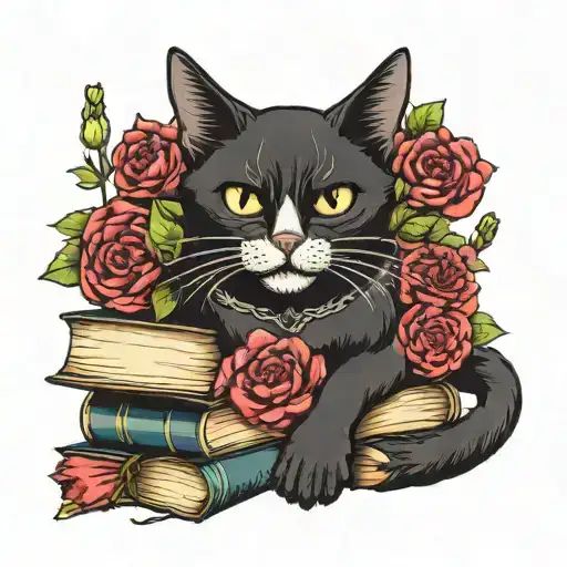 black cat sitting on a pile of books skull and flowers tattoo design idea