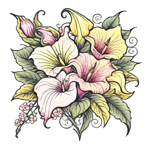 calla lily, morning glory and carnations in the colors of pink and yellow 2018 tattoo design idea
