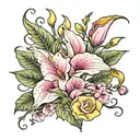 calla lily, morning glory and carnations in the colors of pink and yellow 2018 tattoo design idea