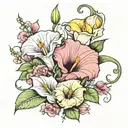 calla lily, morning glory and carnations in the colors of pink and yellow 2018 tattoo design idea