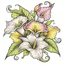 calla lily, morning glory and carnations in the colors of pink and yellow 2018 tattoo design idea