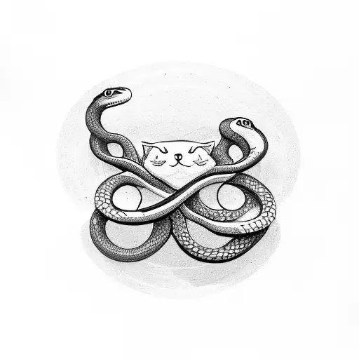 A minimalist design combining a cat and a snake intertwined, representing balance and duality in nature tattoo design idea