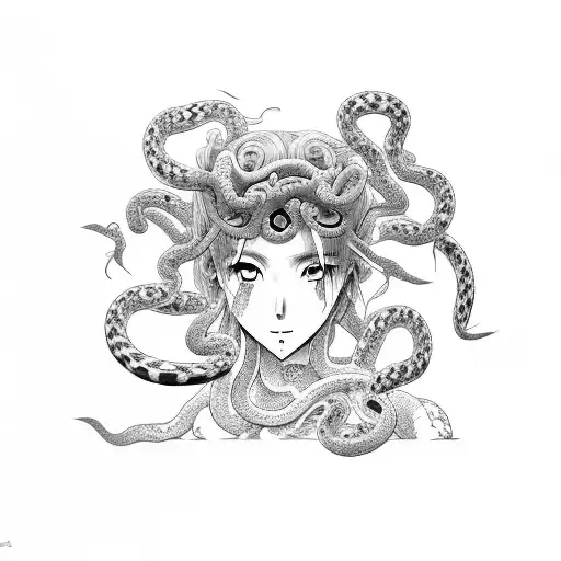 A tattoo featuring a manga-style Medusa with snakes for hair, incorporating elements of Japanese cherry blossoms and Korean lotus flowers tattoo design idea