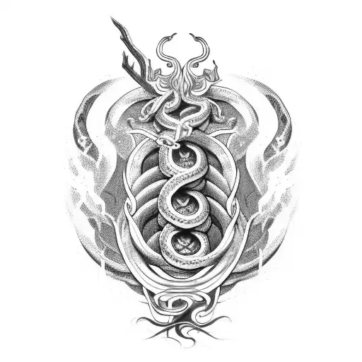 A manga-inspired design featuring a snake intertwined with symbols of Greek mythology, such as the lightning bolt of Zeus or the trident of Poseidon tattoo design idea