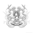 A manga-inspired design featuring a snake intertwined with symbols of Greek mythology, such as the lightning bolt of Zeus or the trident of Poseidon tattoo design idea