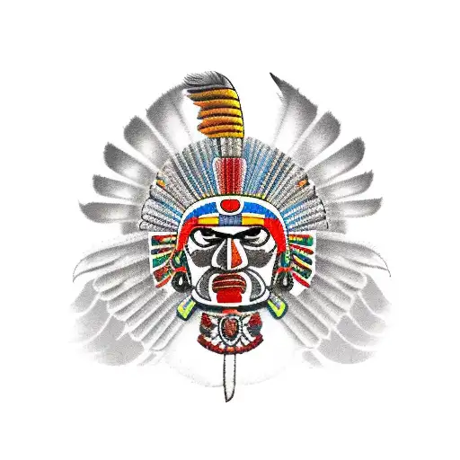 full body in profile, aztec eagle warrior with colored quetzal feathers and bloody obsidian mallet on his shown hand tattoo design idea