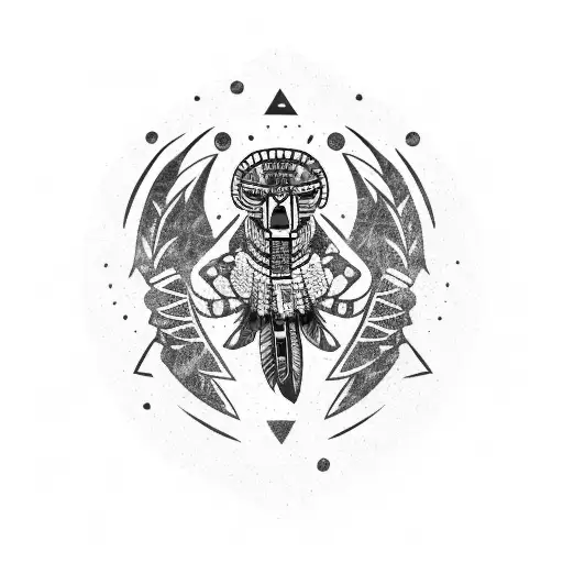 full body in profile, aztec eagle warrior with colored quetzal feathers and bloody obsidian mallet on his shown hand tattoo design idea