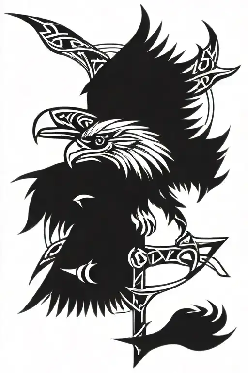 symmetrical eagle with axes on both sides tattoo design idea