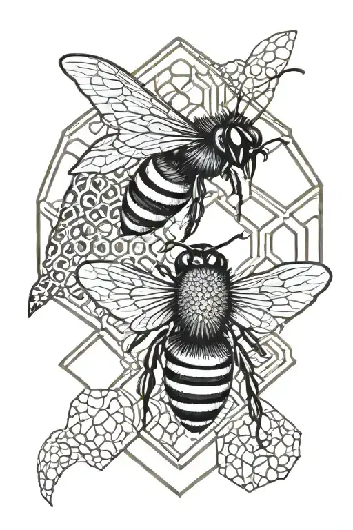 honeycomb pattern with a bumble bee. dolphin and honey badger looking out of some combs.  tattoo design idea