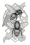 honeycomb pattern with a bumble bee. dolphin and honey badger looking out of some combs.  tattoo design idea