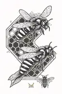 honeycomb pattern with a bumble bee. dolphin and honey badger looking out of some combs.  tattoo design idea