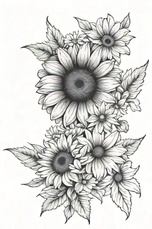daisy,sweet pea, sunflower, chrysanthemum tattoo design idea