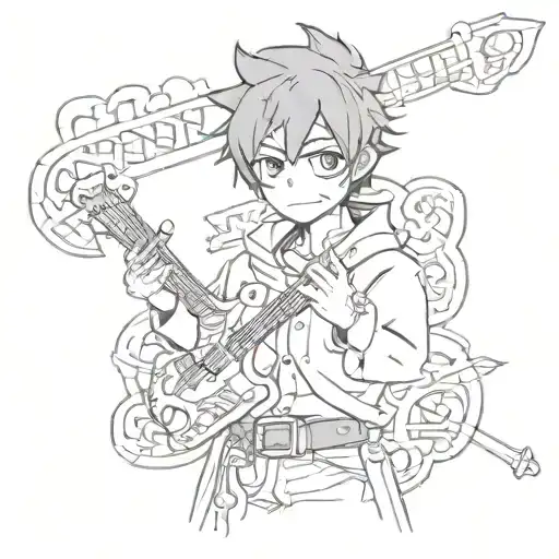 with a character reminiscent of Uke and mike from Blue Exorcist and Japan cherry  tattoo design idea