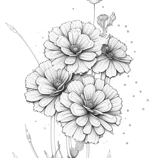line drawing of marigold flower and cosmo flower and violets and primrose tattoo design idea
