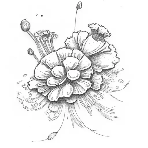 small line drawing of bunch marigold flower and cosmo flower and violets and primrose tattoo design idea