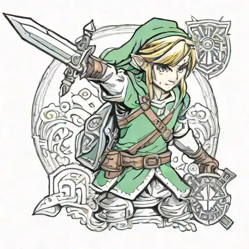 A realistic portrait of Link from The Legend of Zelda wielding the Master Sword in a new-school style tattoo design idea