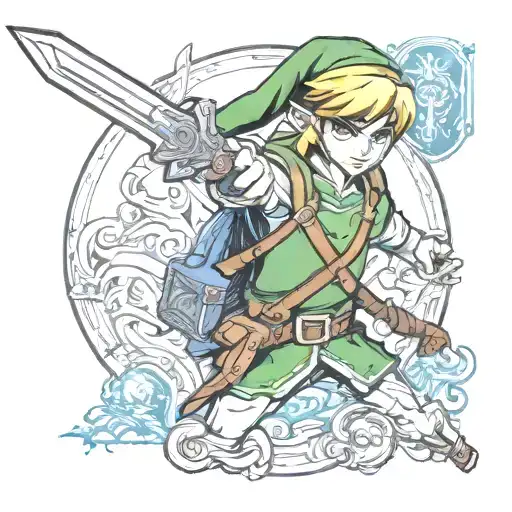 A realistic portrait of Link from The Legend of Zelda wielding the Master Sword in a new-school style tattoo design idea