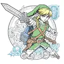 A realistic portrait of Link from The Legend of Zelda wielding the Master Sword in a new-school style tattoo design idea