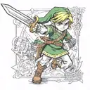 A realistic portrait of Link from The Legend of Zelda wielding the Master Sword in a new-school style tattoo design idea