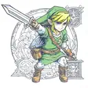 A realistic portrait of Link from The Legend of Zelda wielding the Master Sword in a new-school style tattoo design idea