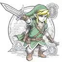 A realistic portrait of Link from The Legend of Zelda wielding the Master Sword in a new-school style tattoo design idea