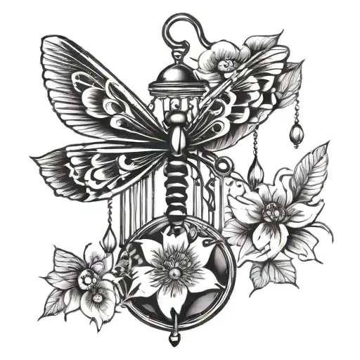 windchime with dragonfly and beetle tattoo design idea