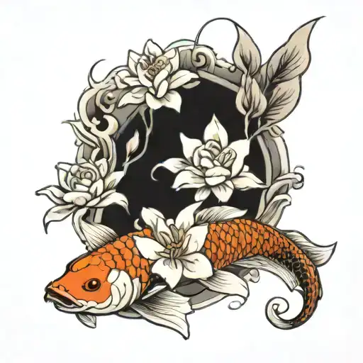 koi carp with lily flowers, one rose and cherry blossom tree tattoo design idea