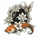 koi carp with lily flowers, one rose and cherry blossom tree tattoo design idea