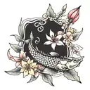 koi carp with lily flowers, one rose and cherry blossom tree tattoo design idea