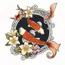 koi carp with lily flowers, one rose and cherry blossom tree tattoo design idea