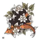 koi carp with lily flowers, one rose and cherry blossom tree tattoo design idea